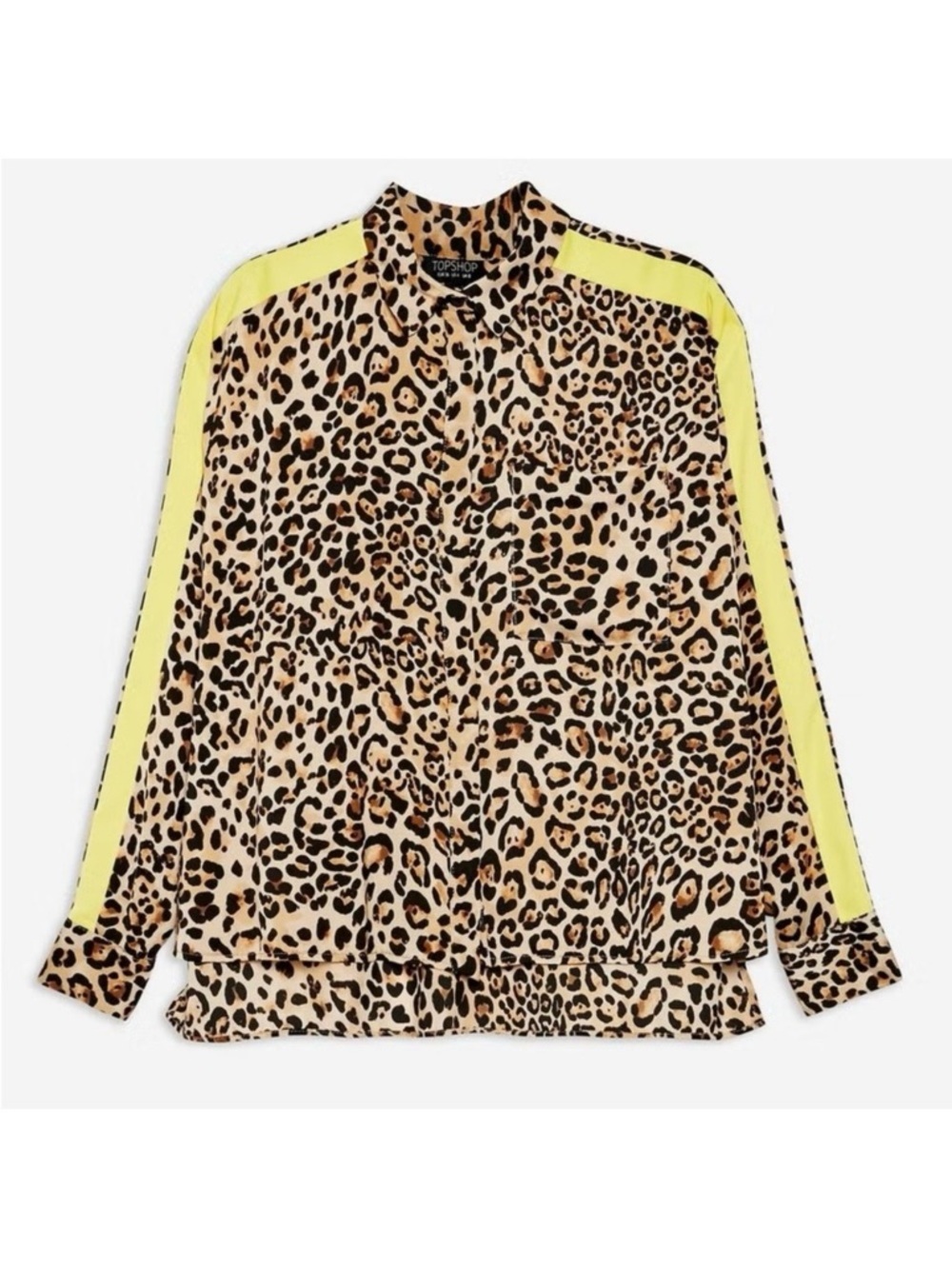 Topshop Leopard Print Button Up Blouse with Yellow Shoulder Stripes Small
